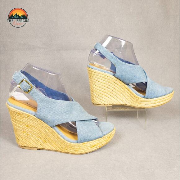NWT American Eagle Wedges Espadrille Heels Denim Canvas Ankle Strap Women's 8 - Picture 3 of 11